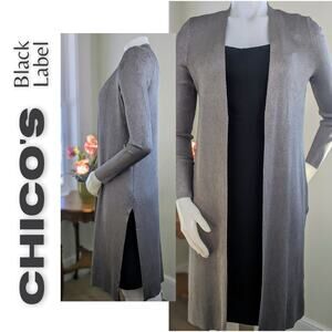 Chicos Black Label Duster XS Gray Taupe Shimmer Sheen Long Open Cardigan Elegant